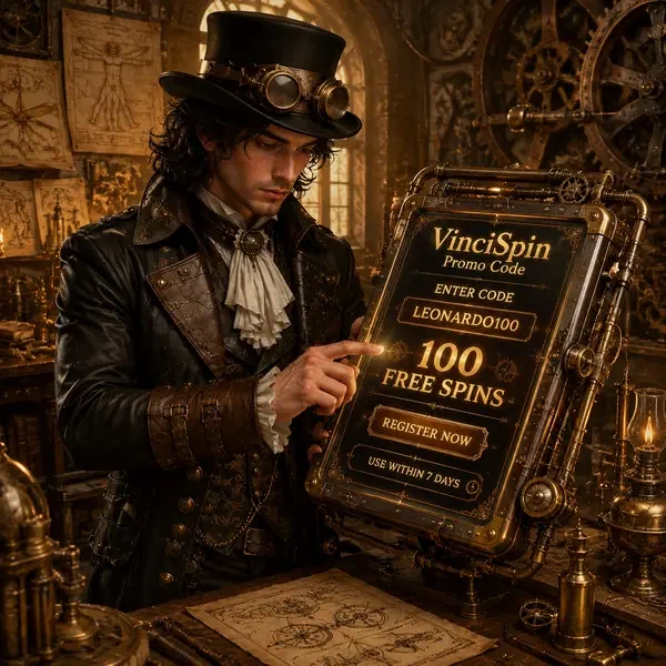 Da Vinci che inserisce il codice promo su tablet a vapore presso VinciSpin per bonus senza deposito