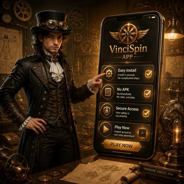 Giovane Da Vinci gesticola verso smartphone che mostra interfaccia download app VinciSpin in officina steampunk