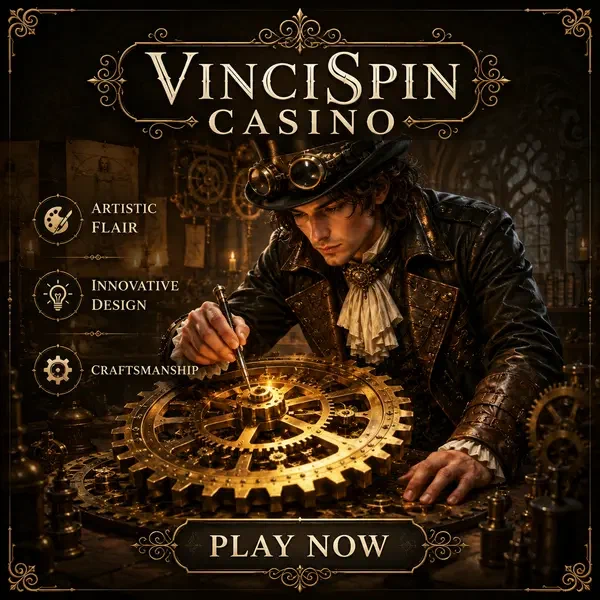 Giovane Leonardo Da Vinci che costruisce ingranaggi al banco di lavoro VinciSpin Casino con ruota dentata in ottone al centro