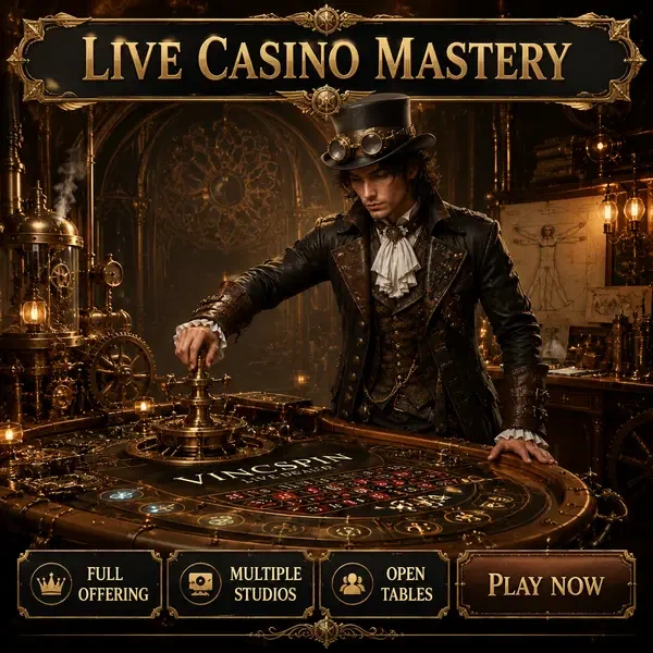 Croupier live VinciSpin al tavolo da gioco meccanico ornato con sfondo di officina in ottone