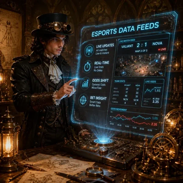 Giovane Da Vinci che analizza i feed dati delle scommesse esport alla stazione display olografica VinciSpin