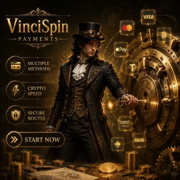 Caveau pagamenti VinciSpin sbloccato da Da Vinci con metodi crypto sicuri che fluttuano intorno
