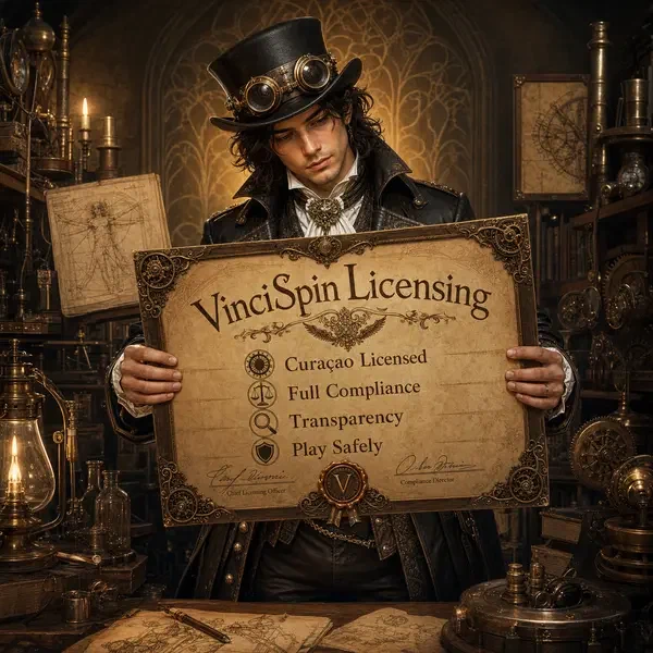 Giovane Da Vinci che esamina licenza gaming Curaçao al laboratorio conformità VinciSpin