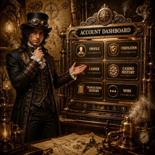 Giovane Da Vinci gesticola verso dashboard login VinciSpin mostrando sezioni profilo, verifica e cassa