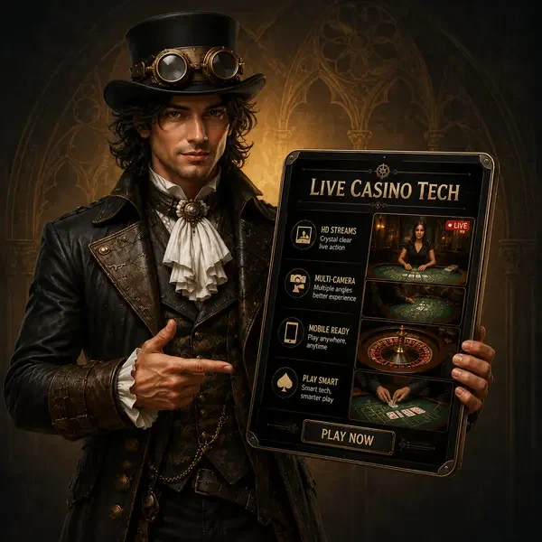 Giovane Da Vinci che esamina stream live casino HD su tablet con rifiniture in ottone in officina digitale