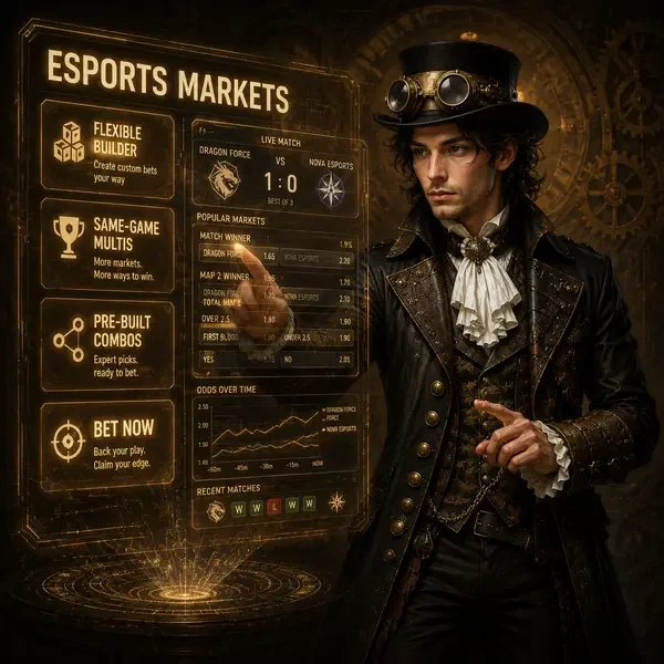 Giovane Da Vinci che analizza i mercati scommesse esport su display olografico allo studio Market Types
