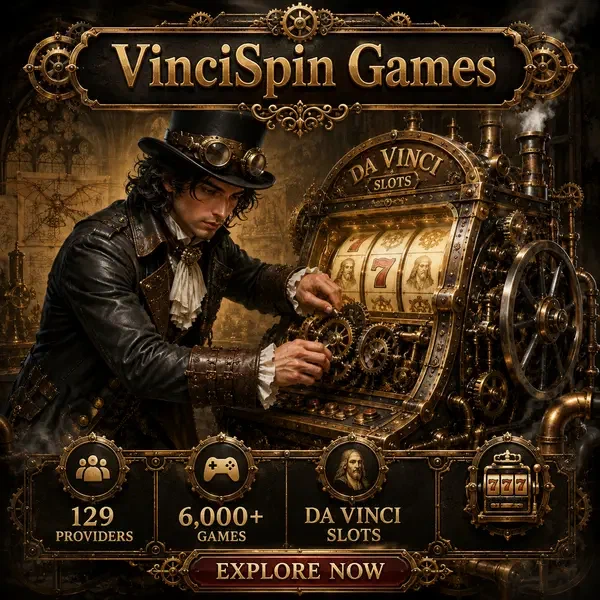 Giovane Da Vinci che esamina giochi slot steampunk al laboratorio VinciSpin Casino con ingranaggi in ottone
