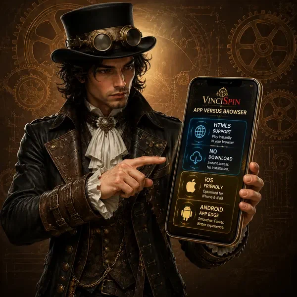App VinciSpin luminosa su dispositivo mobile mentre Da Vinci esamina funzioni innovative