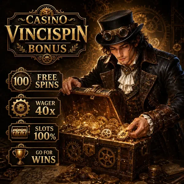 Giovane inventore che esamina il forziere del bonus senza deposito al laboratorio steampunk Casino VinciSpin