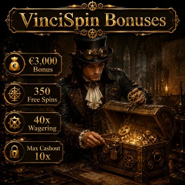 Giovane Da Vinci che esamina forziere in ottone pieno di ingranaggi bonus VinciSpin e ruote dorate