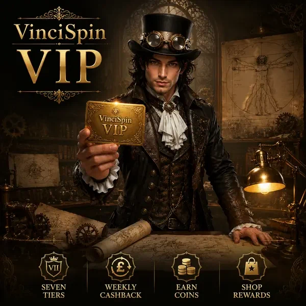 Giovane Da Vinci che tiene carta VIP dorata in laboratorio al programma fedeltà VinciSpin Casino
