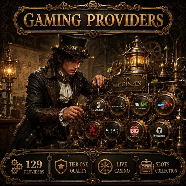 Giovane Da Vinci che ispeziona congegno provider gaming steampunk al laboratorio VinciSpin