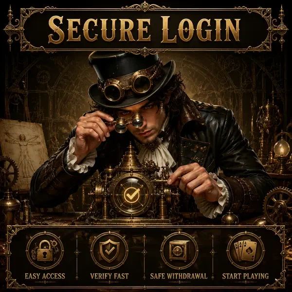 Giovane Da Vinci che regola dispositivo di verifica in ottone mentre il giocatore completa login sicuro su VinciSpin